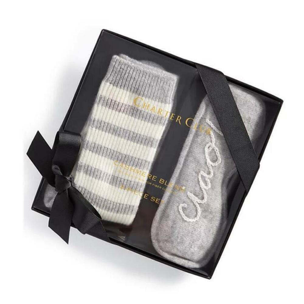 Charter Club Cashmere Gray "Ciao" Sleep Mask + Socks Boxed Gift Set One Size